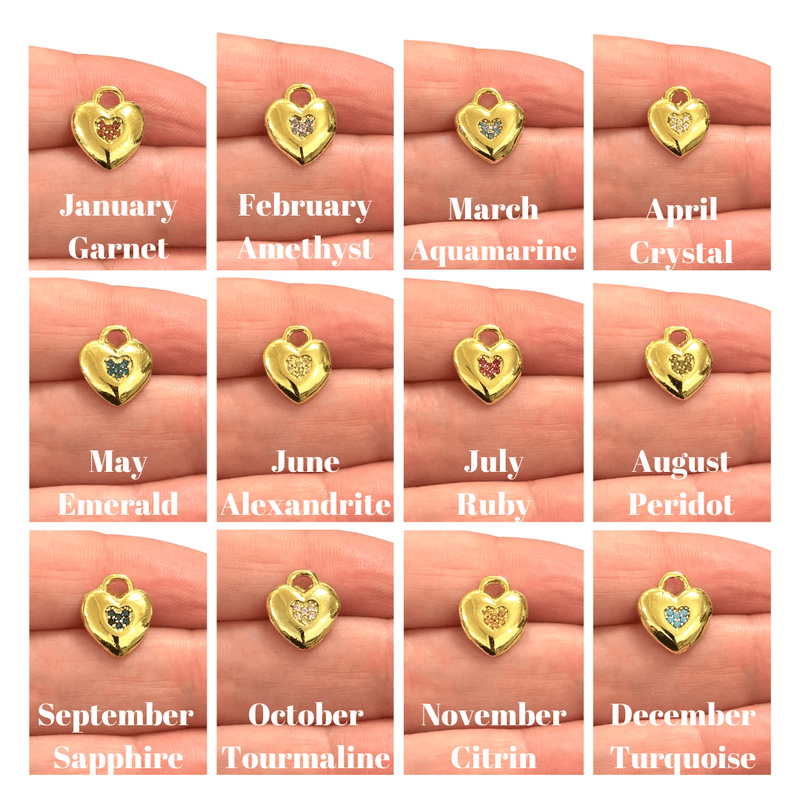 24Kt Gold Plated Heart Charms With Birthstone, Gold Birthstone CZ Charms,