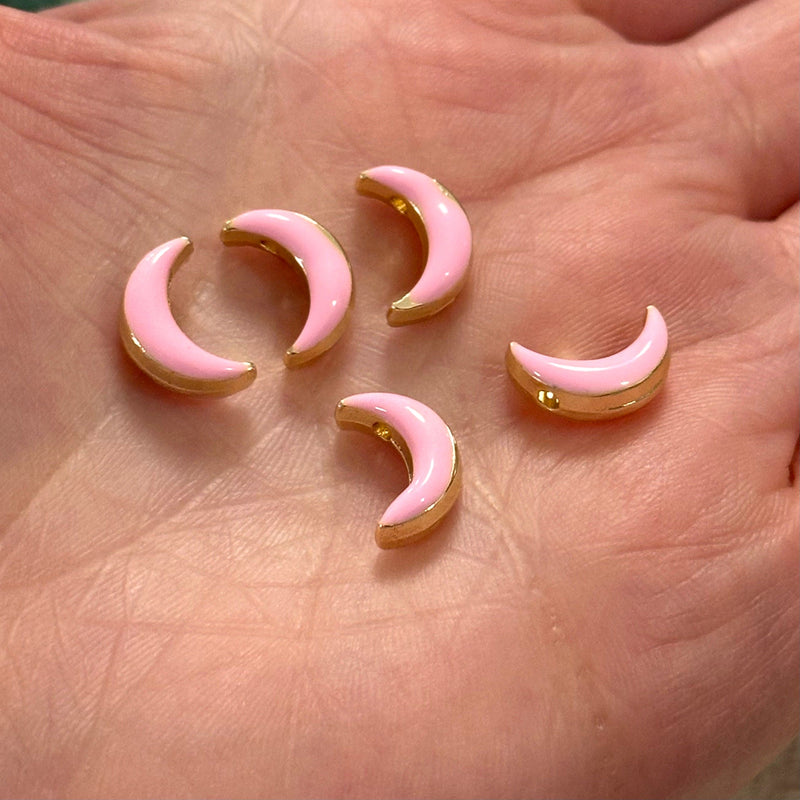 24Kt Gold Plated Double Side Pink Enamelled Crescent Charms, 5 pcs in a pack