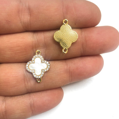 24Kt Gold Plated  Mother of Pearl CZ Clover Connector Charm