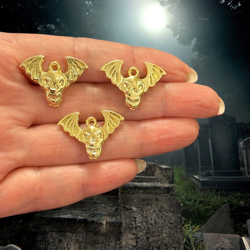 24Kt Gold Plated Haunted Skull Wing Charms, Halloween Collection, 3 pcs in a pack