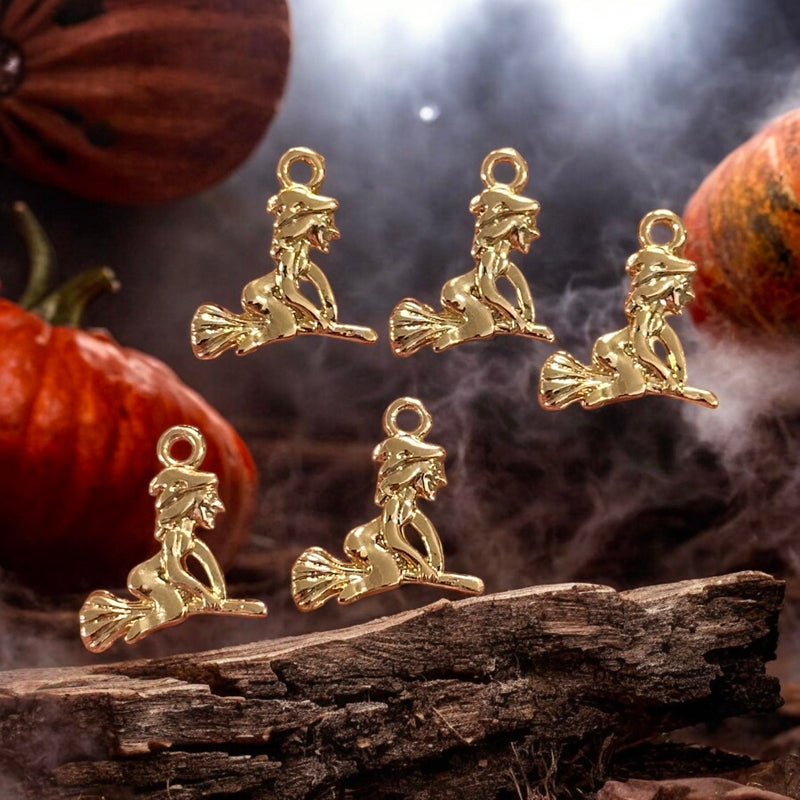 24Kt Gold Plated Witch on a Broomstick Charms, Halloween Collection, 5 pcs in a pack