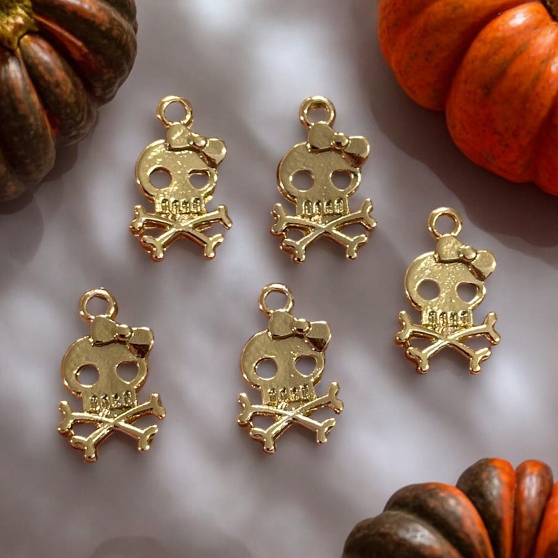 24Kt Gold Plated Skull and Crossbones Charms, Halloween Collection, 5 pcs in a pack