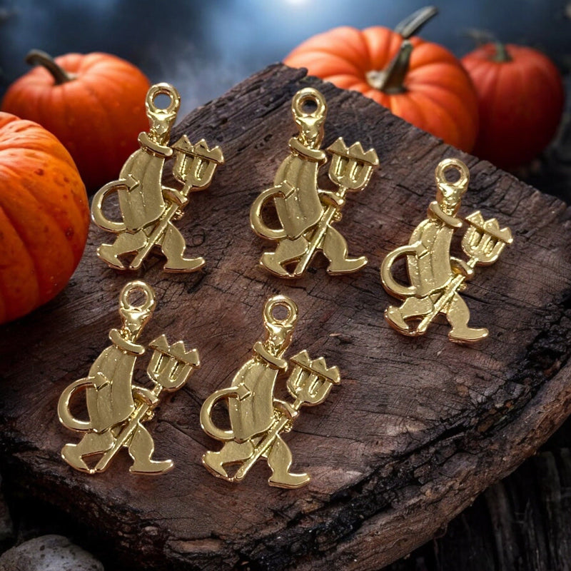 24Kt Gold Plated Devil With Pitchfork Charms, Halloween Collection, 5 pcs in a pack