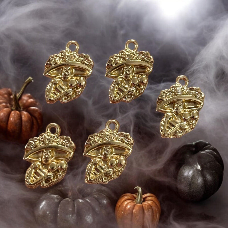 24Kt Gold Plated Skeleton Day of the Dead Maracas Charms, Halloween Collection, 5 pcs in a pack