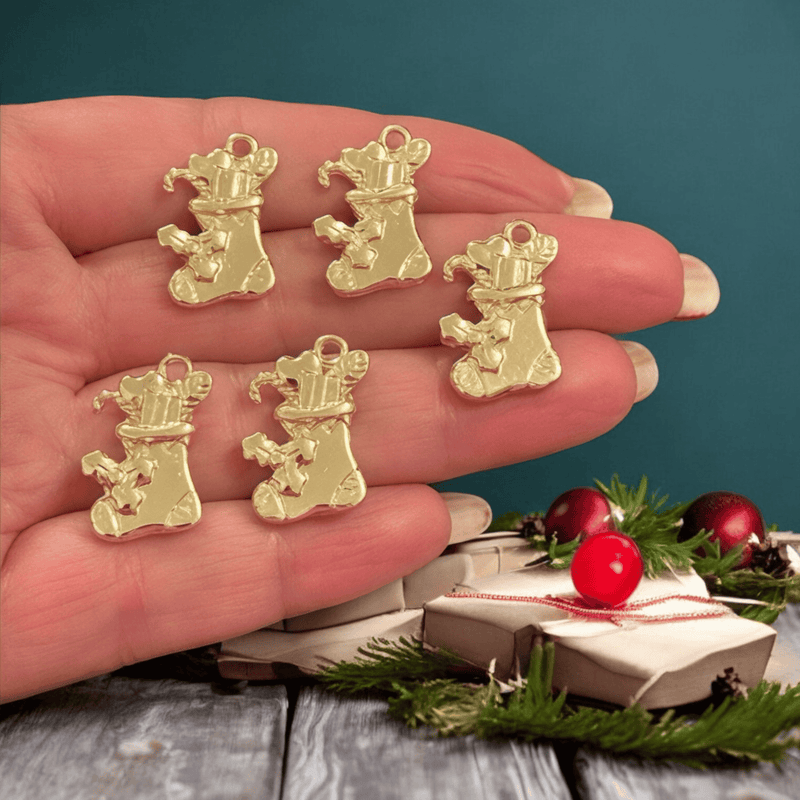 24Kt Gold Plated Christmas Stockings Charms, 5 pcs in a pack, Christmas Collection Charms