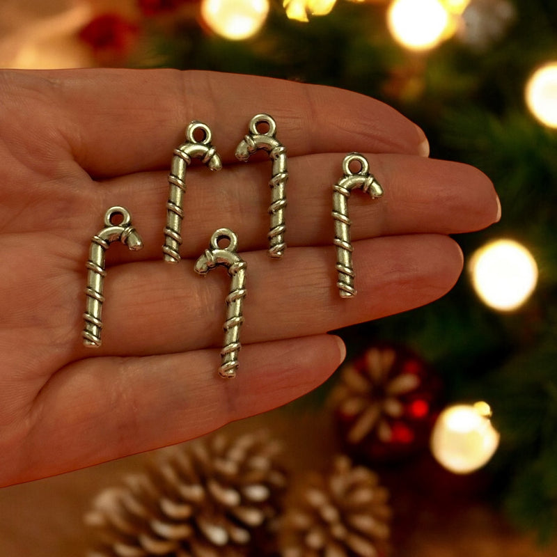 Antique Silver Plated Christmas Candy Cane Charms, 5 pcs in a pack, Christmas Collection Charms