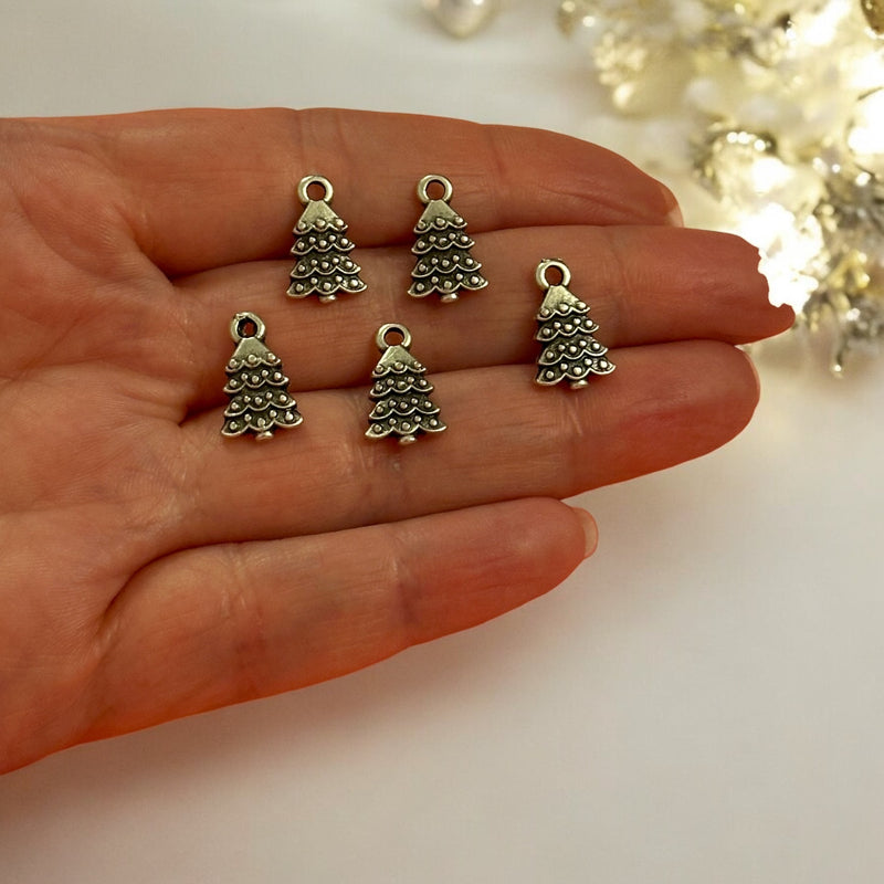 Antique Silver Plated Christmas Tree Charms, 5 pcs in a pack, Christmas Collection Charms