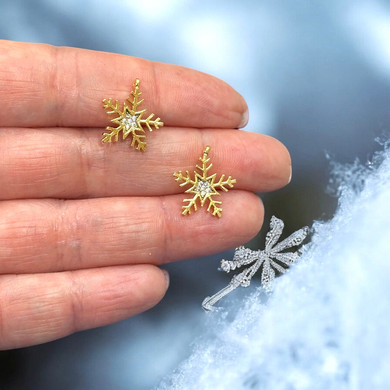 24Kt Gold Plated Snowflake Charms With Clear CZ, 2 pcs in a pack