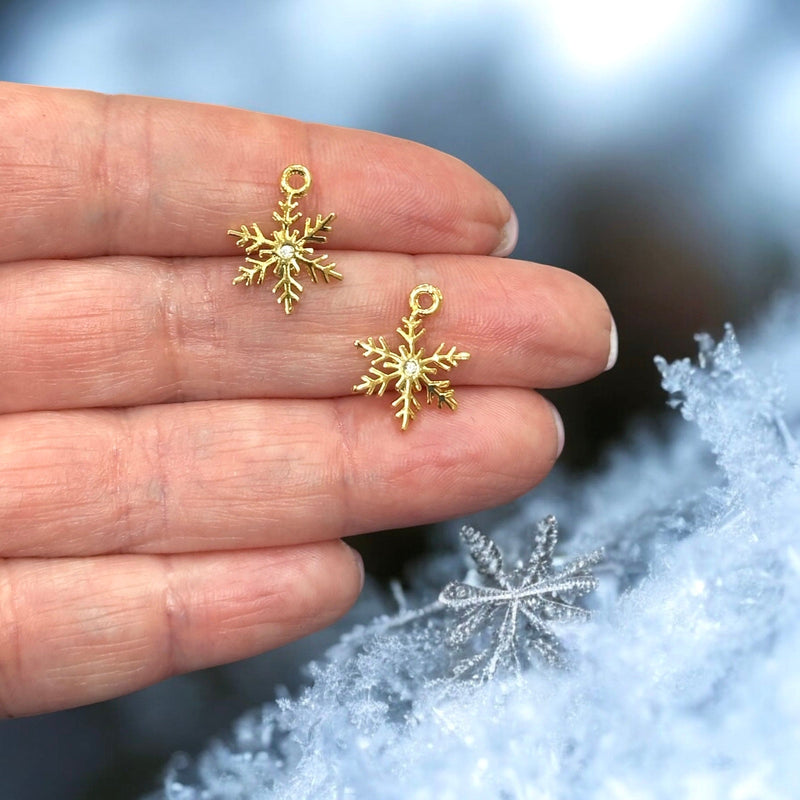 24Kt Gold Plated Snowflake Charms With Clear CZ, 2 pcs in a pack