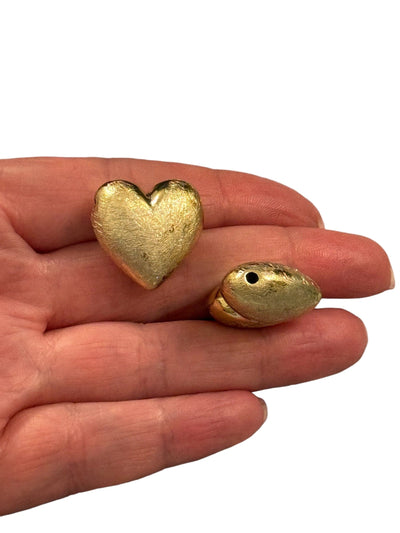 24Kt Gold Plated 22mm Brushed Finish Puffy Heart Charms, Gold Heart Charms with 2mm Horizontal Hole, 2 pcs in a pack