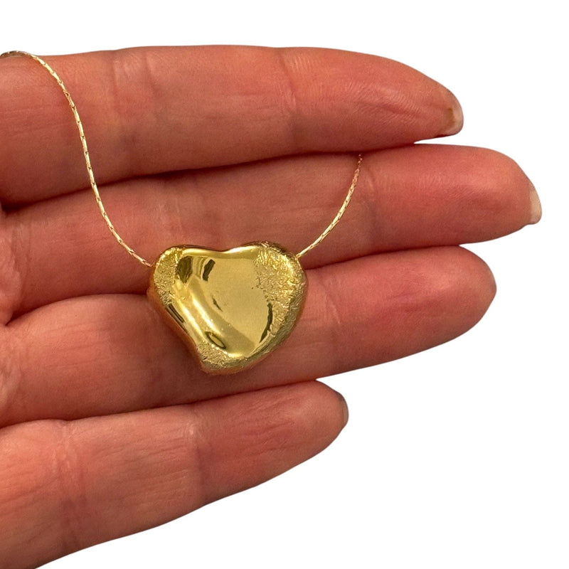 24Kt Gold Plated 21mm Brushed Finish Heart Charms, Gold Heart Charms with 2mm Horizontal Hole, 5 pcs in a pack