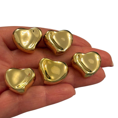 24Kt Gold Plated 21mm Heart Charms, Gold Heart Charms with 2mm Horizontal Hole, 5 pcs in a pack