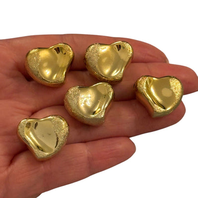 24Kt Gold Plated 21mm Brushed Finish Heart Charms, Gold Heart Charms with 2mm Horizontal Hole, 5 pcs in a pack