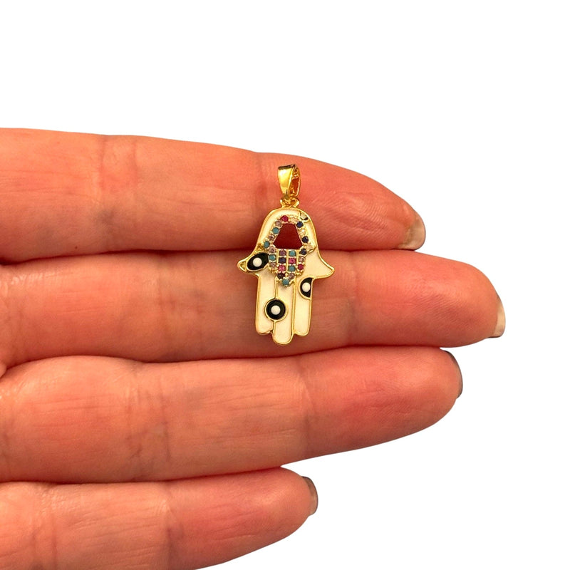 24Kt Gold Plated Stainless Steel Multicolor CZ, White Hamsa Charm With Bail