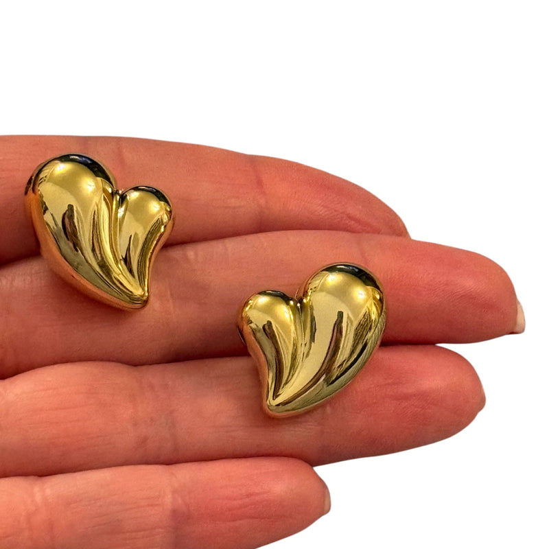 24Kt Gold Plated Puffy Heart Charms, Heart Charms with 2mm Horizontal Hole, 2 pcs in a pack