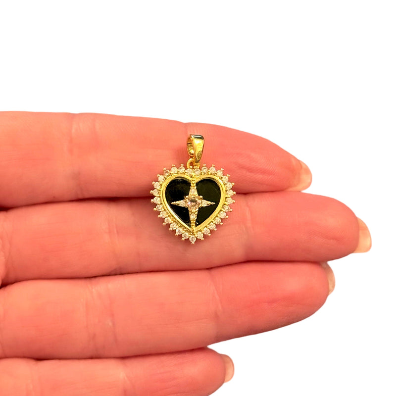 Midnight Heart Waterproof 24Kt Gold Plated Stainless Steel CZ Pendant With Attached Bail