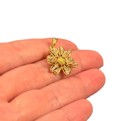 CZ Baguette Flower Charm Waterproof 24Kt Gold Plated Stainless Steel CZ Pendant With Attached Bail