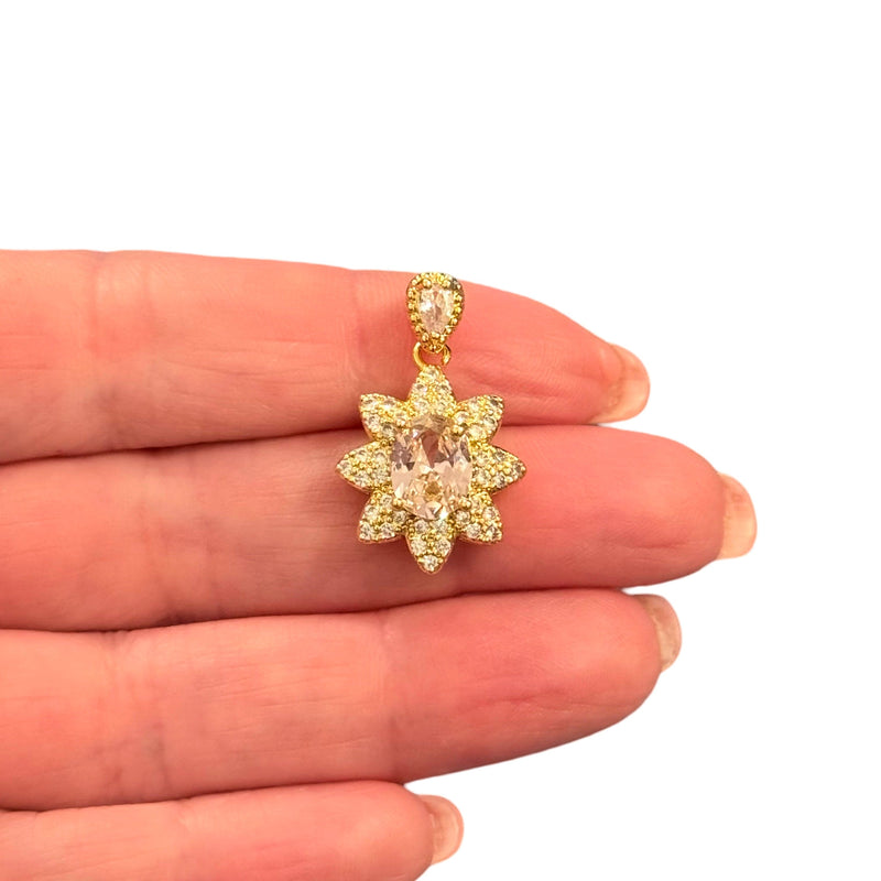 CZ Flower Charm Waterproof 24Kt Gold Plated Stainless Steel CZ Pendant With Attached Bail