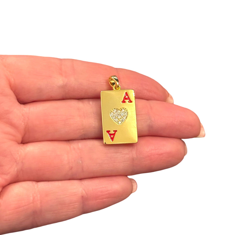 Ace of Hearts CZ Playing Card Pendant Waterproof 24Kt Gold Plated Stainless Steel CZ Pendant With Attached Bail