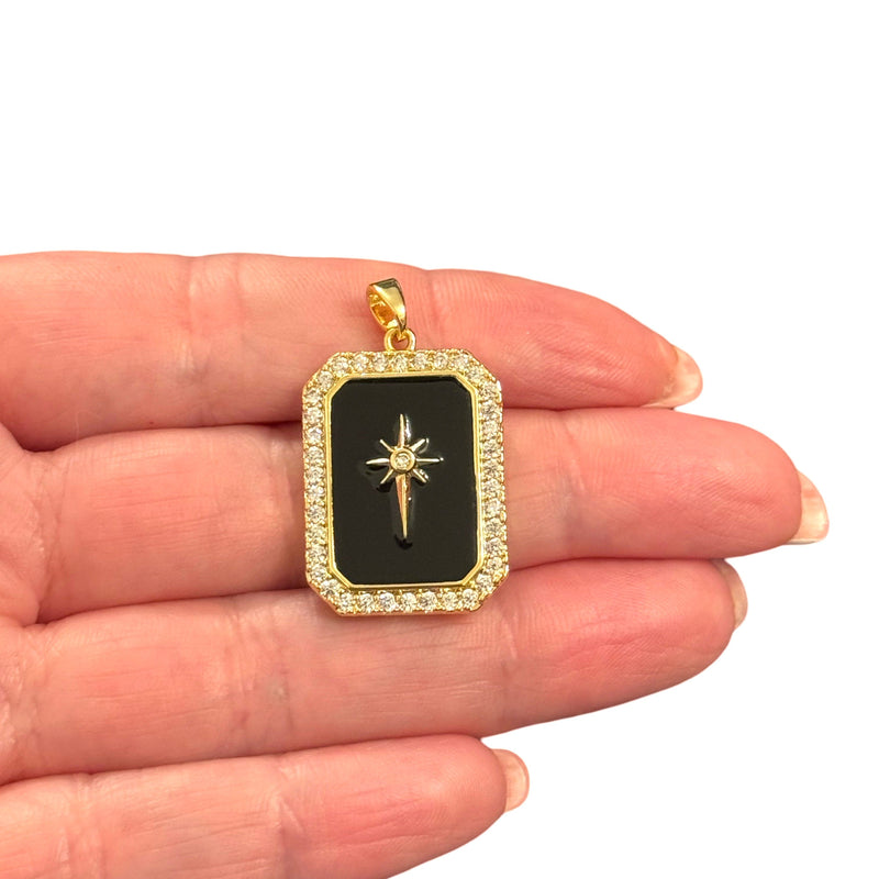 CZ Black Enamel Starburst Pendant Waterproof 24Kt Gold Plated Stainless Steel CZ Pendant With Attached Bail