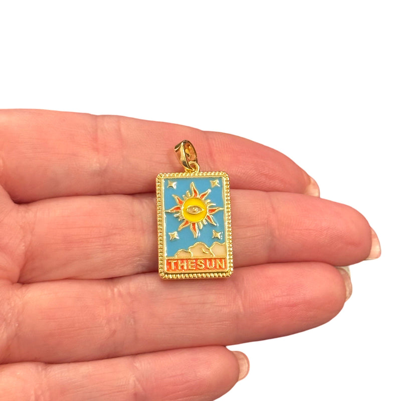 The Sun Tarot Pendant Waterproof 24Kt Gold Plated Stainless Steel CZ Pendant With Attached Bail