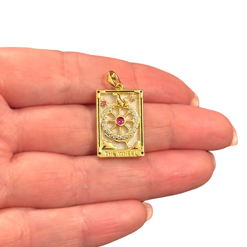 The Wheel Tarot Pendant Waterproof 24Kt Gold Plated Stainless Steel CZ Pendant With Attached Bail