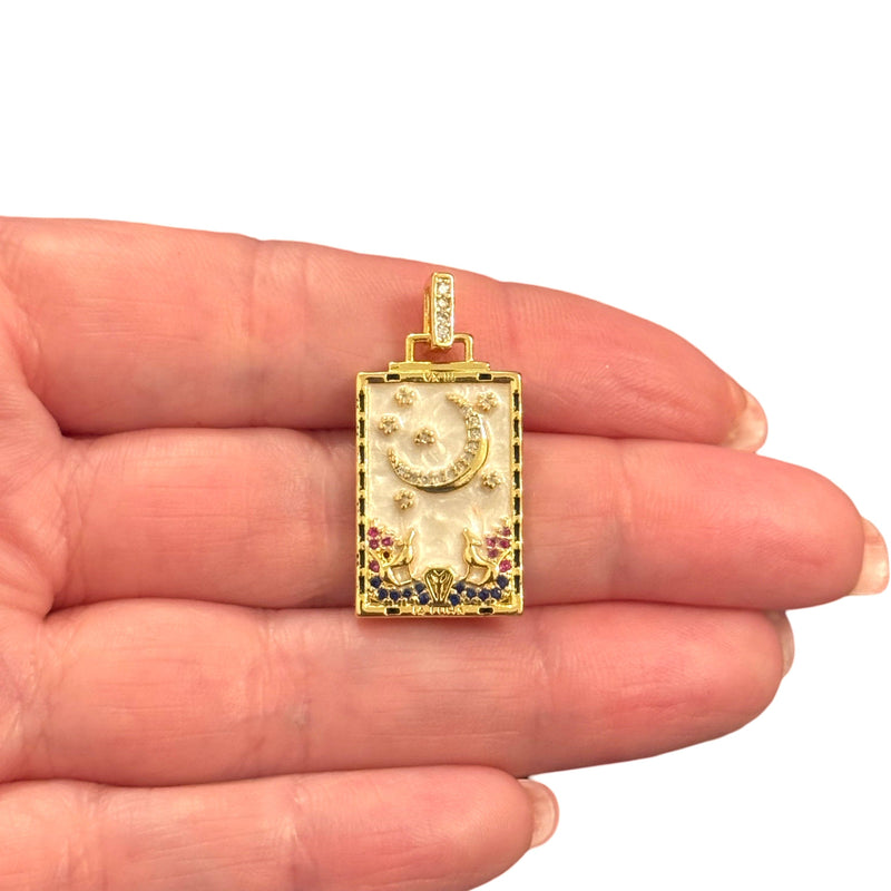 The Moon Tarot Pendant (La Luna) Waterproof 24Kt Gold Plated Stainless Steel CZ Pendant With Attached Bail