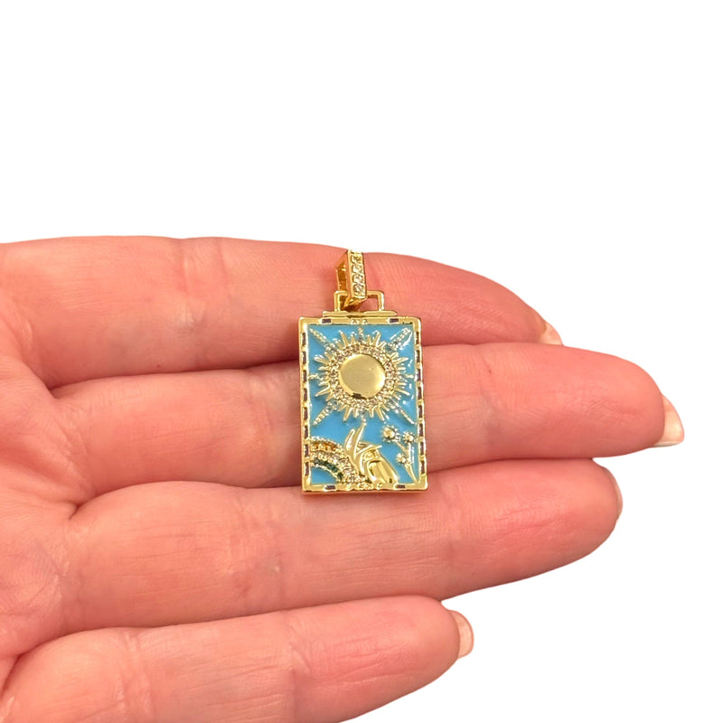 The Sun Tarot Pendant Waterproof 24Kt Gold Plated Stainless Steel CZ Pendant With Attached Bail