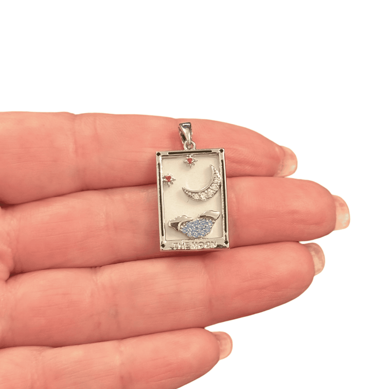 The Moon Tarot Pendant Waterproof Stainless Steel CZ Pendant With Attached Bail