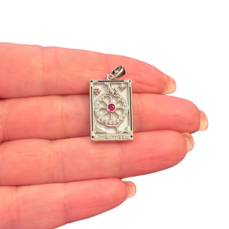 The Wheel Tarot Pendant Waterproof Stainless Steel CZ Pendant With Attached Bail