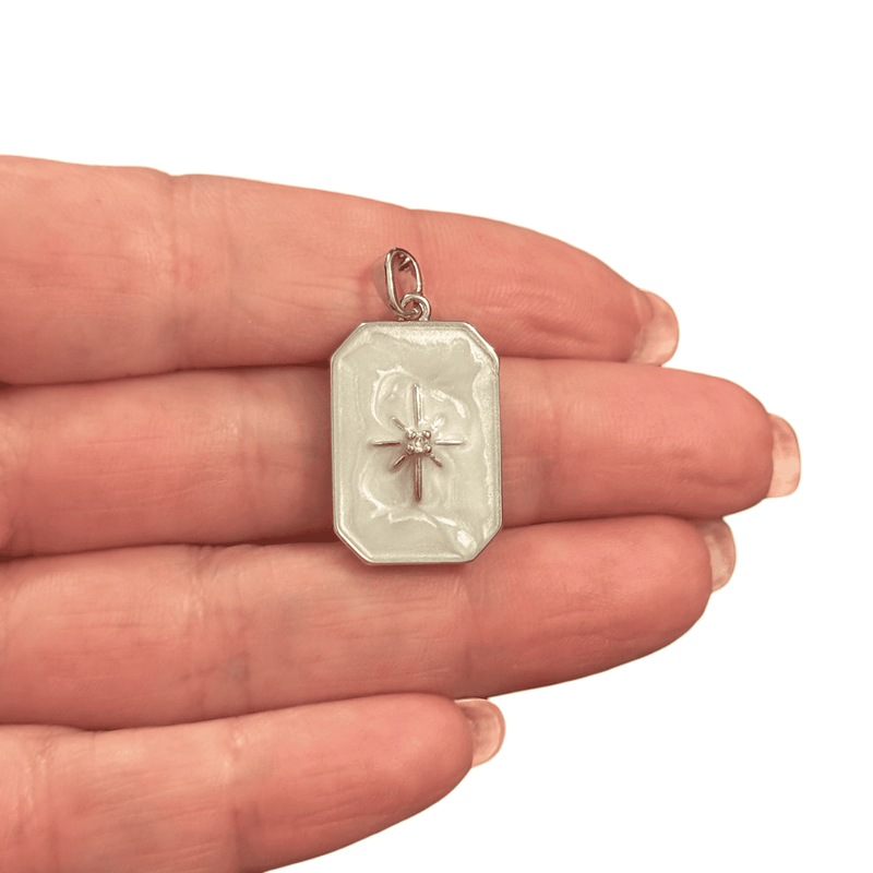 CZ Ivory Enamel Starburst Pendant Waterproof Stainless Steel CZ Pendant With Attached Bail