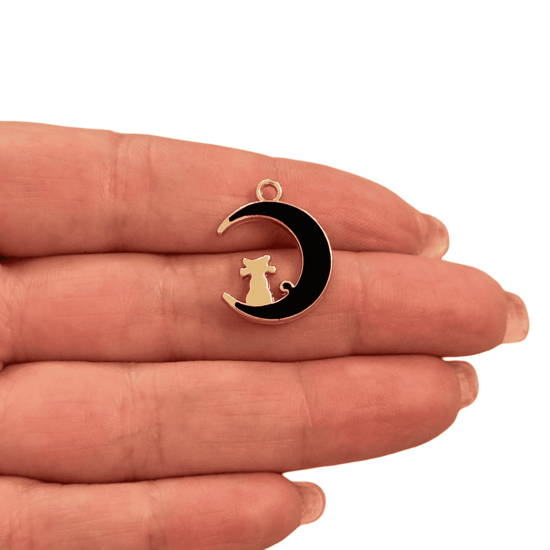 Black Enamel Crescent Moon Cat Charm