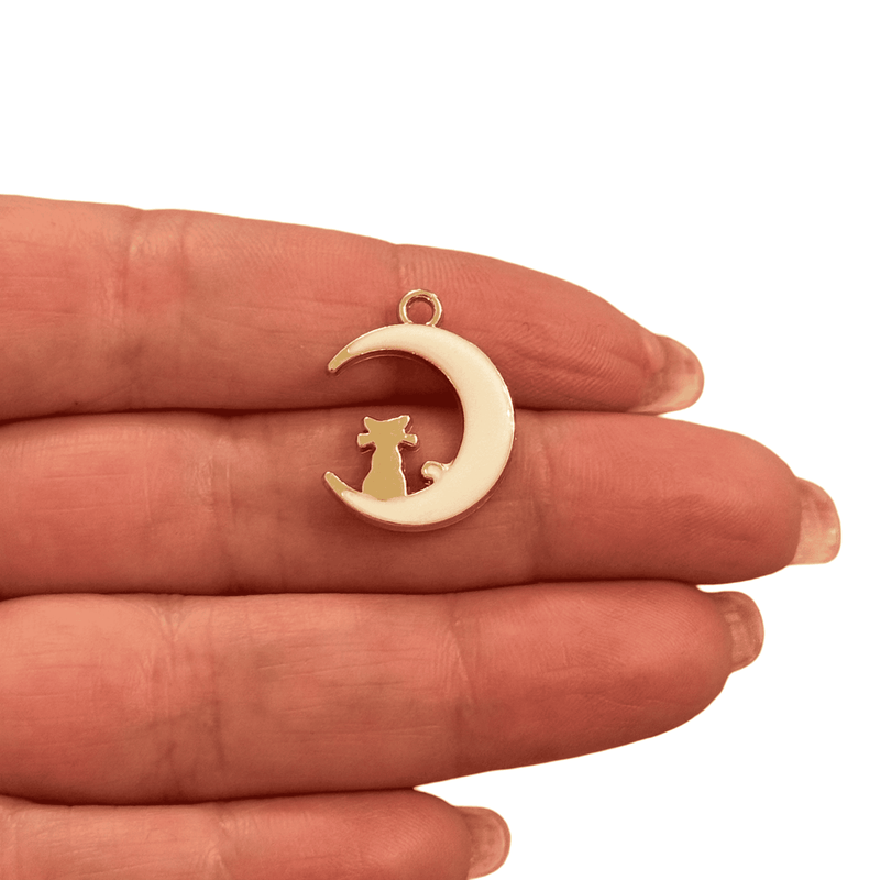 White Enamel Moon Charm with Gold Cat - Crescent Pendant