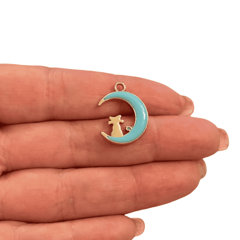 Mint Enamel Moon Charm with Gold Cat - Crescent Pendant