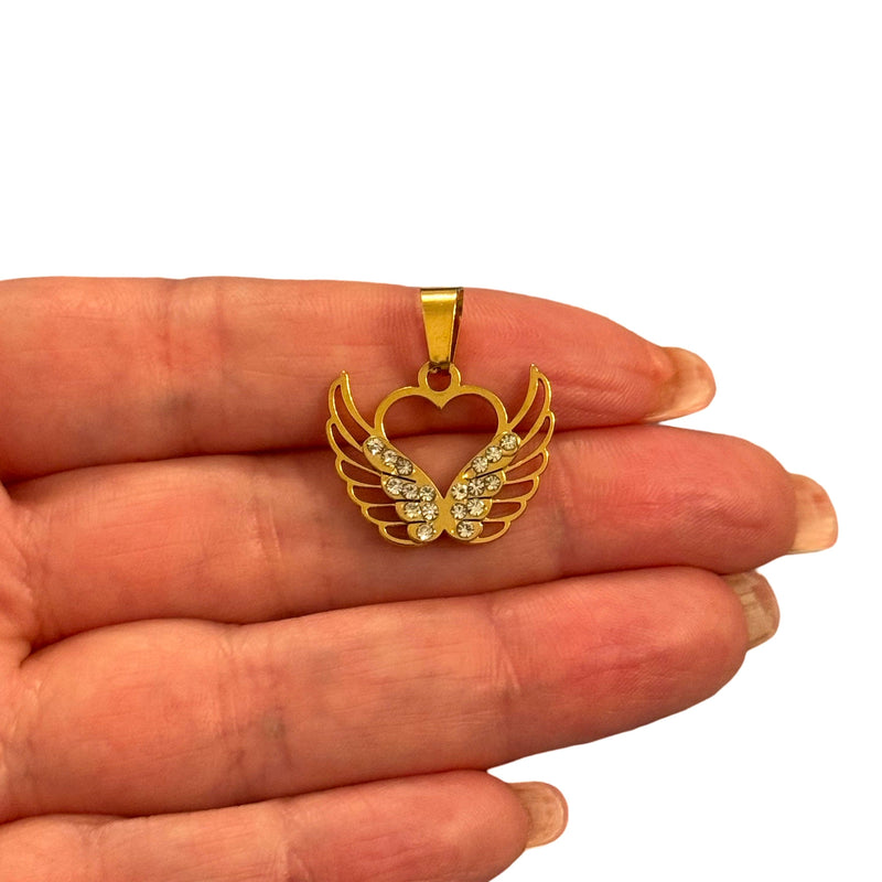 Waterproof Gold Winged Heart Pendant with CZ Accents and Attached Bail