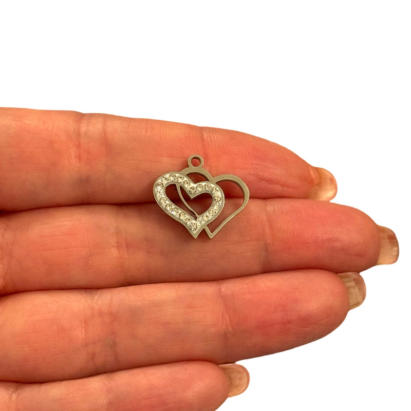 Waterproof Stainless Steel Double Heart CZ Pendant