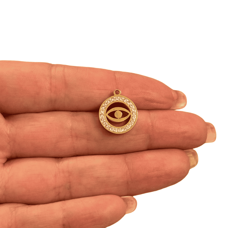 Waterproof Stainless Steel Gold Evil Eye Pendant with CZ Frame