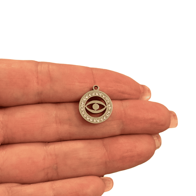 Waterproof Stainless Steel Evil Eye Pendant with CZ Frame