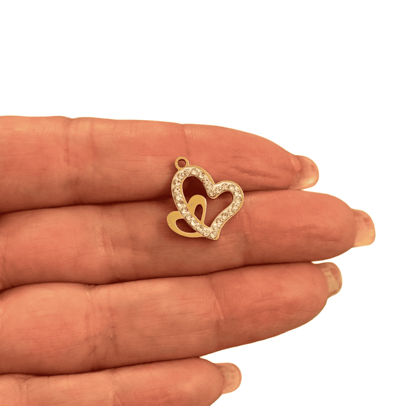 Waterproof Stainless Steel CZ Double Heart Charm in Gold