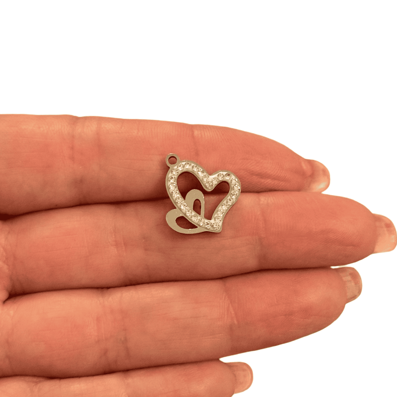 Waterproof Stainless Steel CZ Double Heart Charm