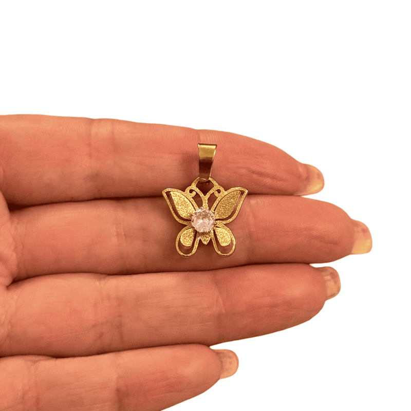 Waterproof Stainless Steel Gold Butterfly Pendant with CZ Center