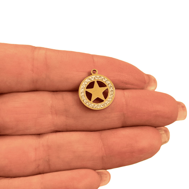 Waterproof Stainless Steel Gold Star Charm with CZ Accents