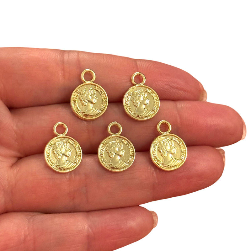 24Kt Gold Plated Queen Elizabeth The Second Double Sided Coin Charms, 5 Pcs in a pack