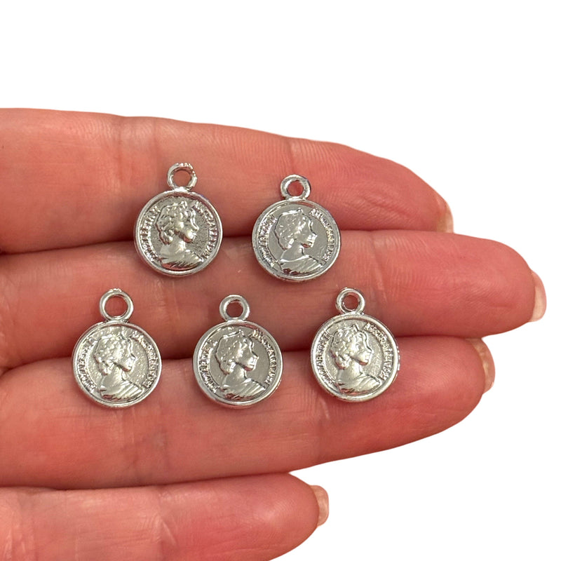 Rhodium Plated Queen Elizabeth The Second Double Sided Coin Charms, 5 Pcs in a pack