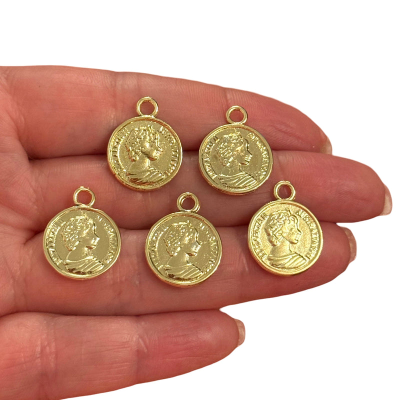 24Kt Gold Plated Queen Elizabeth The Second Double Sided Coin Charms, 5 Pcs in a pack