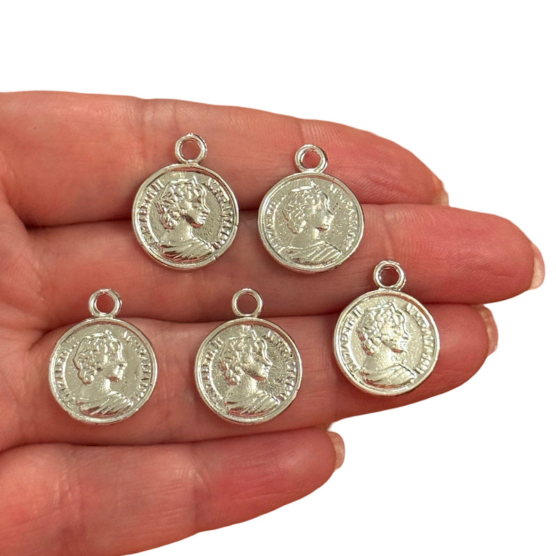 Rhodium Plated Queen Elizabeth The Second Double Sided Coin Charms, 5 Pcs in a pack