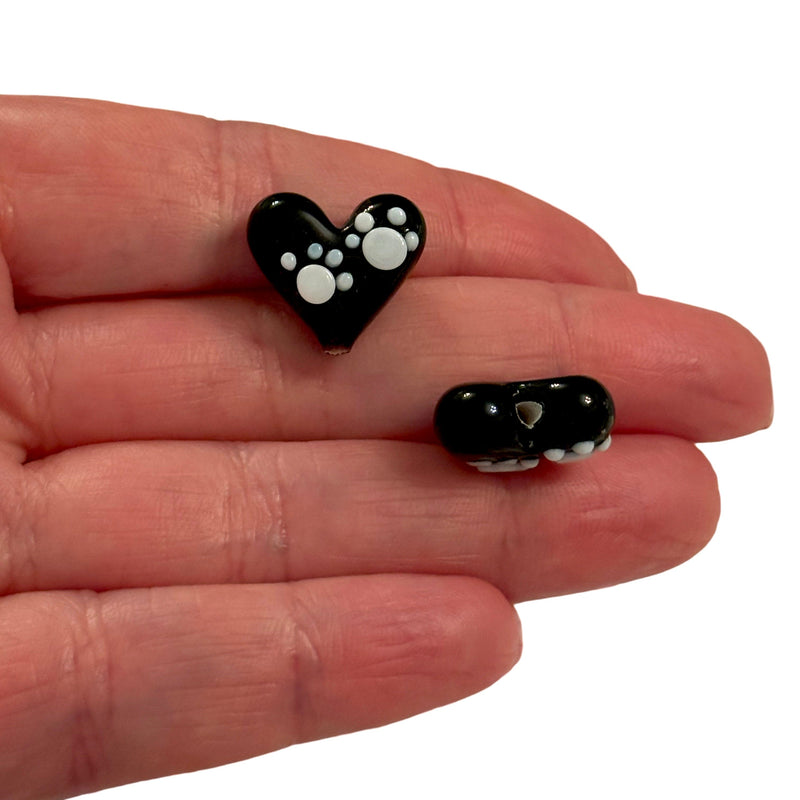 Murano Glass Paw Print Heart Charm – Handmade Black & White Heart Lampwork Charm