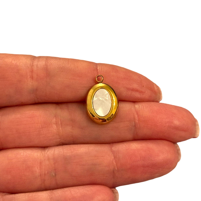 Waterproof Stainless Steel Oval Pendant – Gold & Mother of Pearl