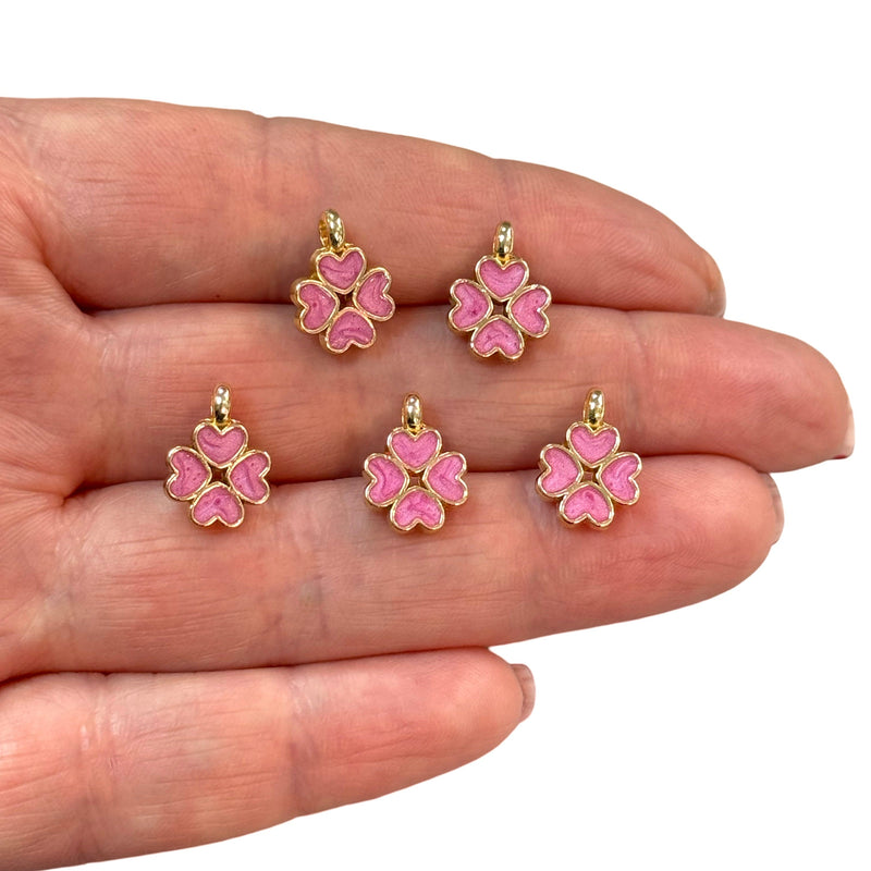 24Kt Gold Plated Pearlescent Pink Enamelled Clover Charms, 5 pcs in a Pack