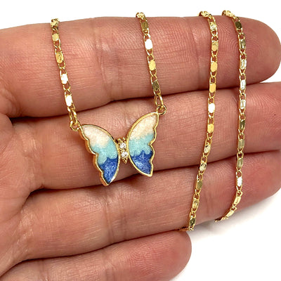 24Kt Gold Plated Enamelled Butterfly Connector Charm With Clear Cubic Zirconia